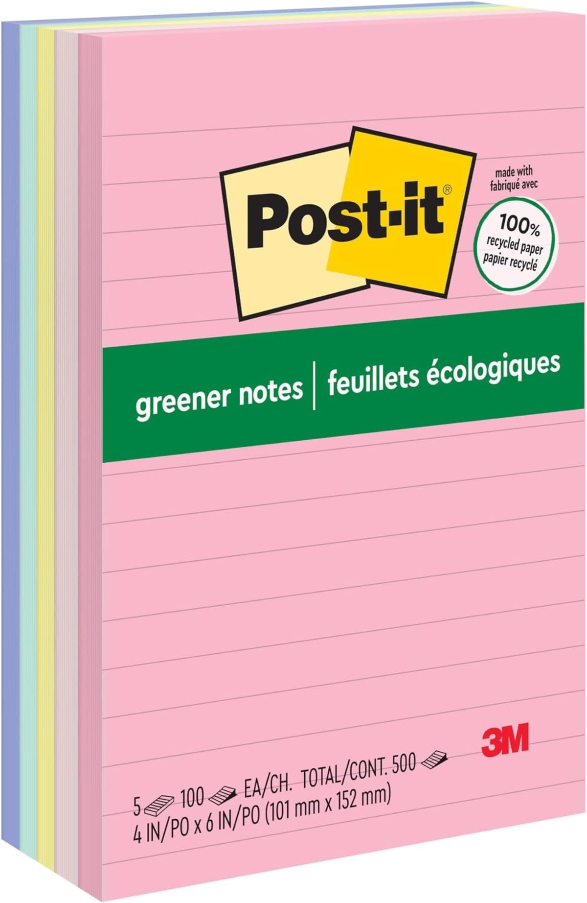 Post-it Greener Notes, 4 x 6 in, Sweet Sprinkles Collection, 5 Lined Pads
