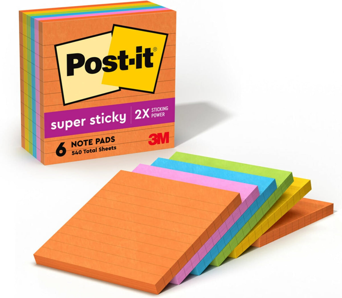 Post-it Super Sticky Notes, 4 x 4 in, Neon Fizz, 6 Lined Pads