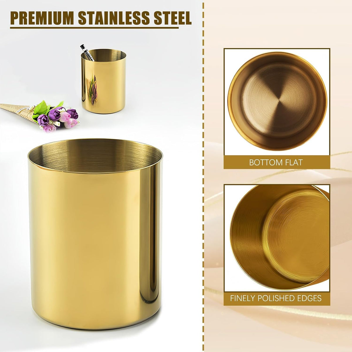 Gold Pen Holder for Desk, 3.6 Inch Stainless Steel Gold Pencil Holder & Pencil Cup, Pen Cup and Makeup Brush Organizer for Office Desk, Vanity, Home Decor