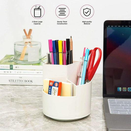 Siveit Desk Pencil Pen Holder, Desk Organizers 3 Slots 360-Degree Rotating Pen Holder for Desktop Storage Stationery Supplies Organizer, Home, Office, School, Kids, White