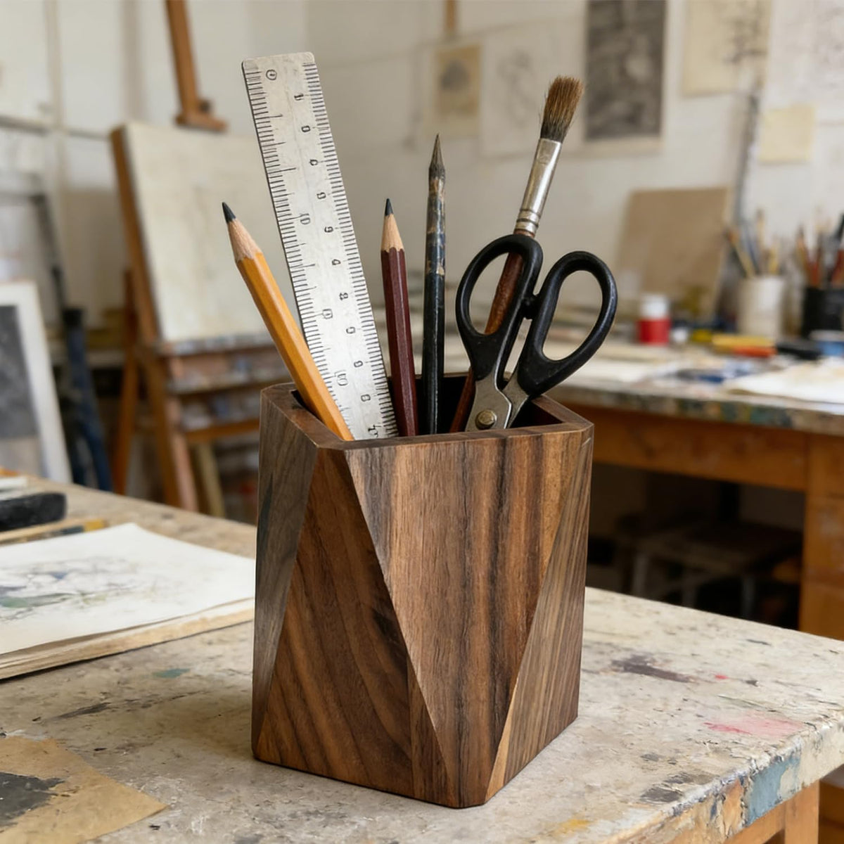 Black Walnut Pen Holder for Desk - Prismatic Shape, Multi-Use Office