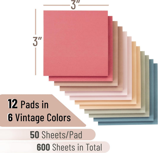 Mr. Pen- Sticky Notes, 3"x3", 12 Pads, 600 Sheets, Vintage Colors