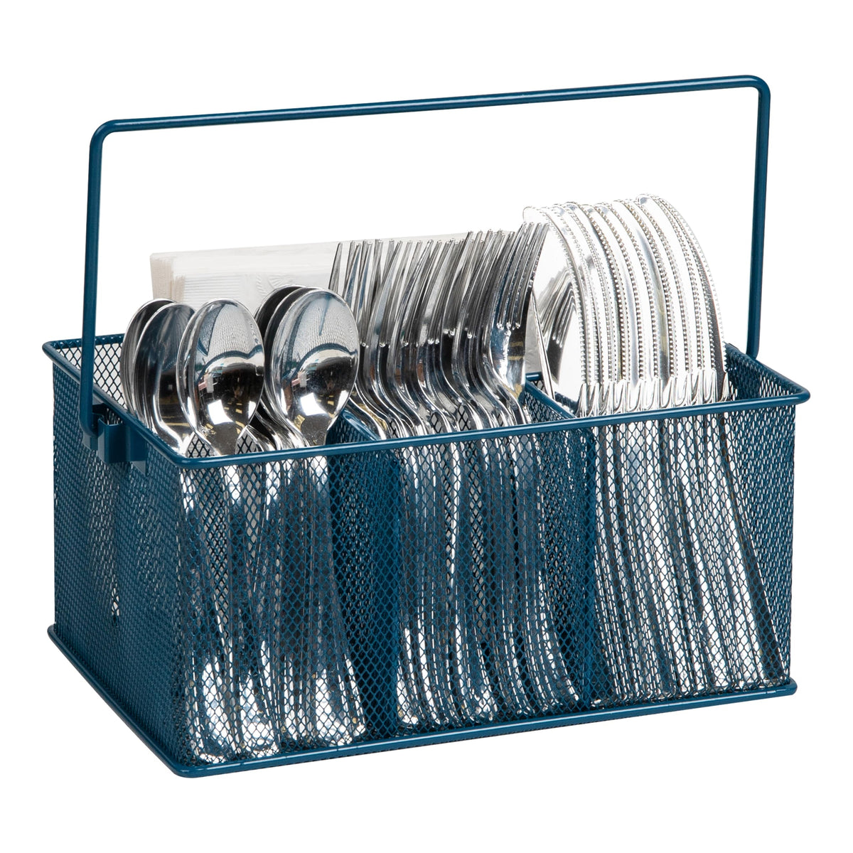 Mind Reader Multi-purpose Storage Caddy with Handle, Desktop Organizer, Cutlery Holder, 4 Compartments, Metal Mesh, Black