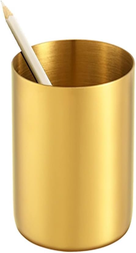 Gold Pen Holder for Desk, 3.6 Inch Stainless Steel Gold Pencil Holder & Pencil Cup, Pen Cup and Makeup Brush Organizer for Office Desk, Vanity, Home Decor