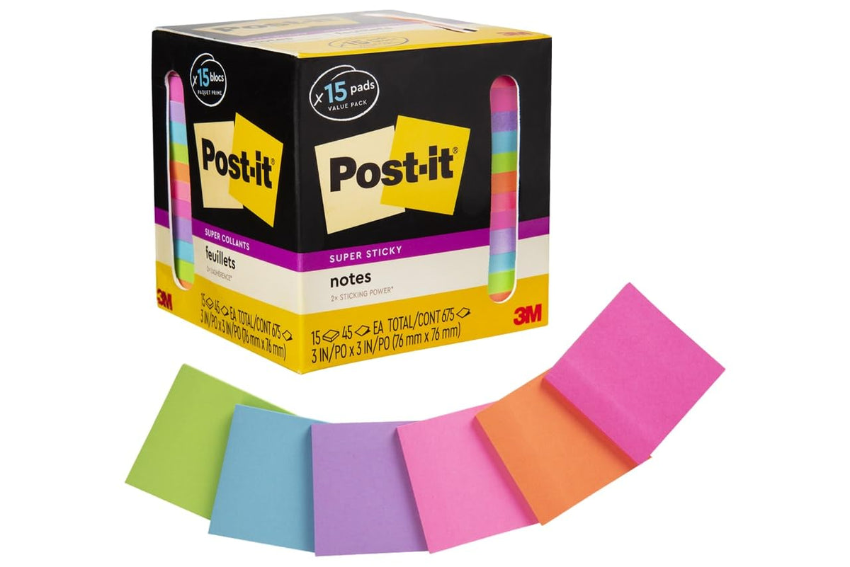 Post-it Super Sticky Notes, 3 x 3 in, Assorted Brights, 15 Pads