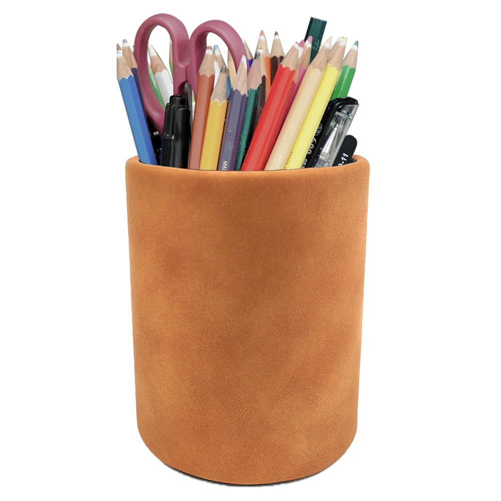 Leather Pen Holder, Brown Pencil Holder, Desktop Elegant Pen Holder for Desk, Stationery Organizer for School Office Home Dorm (3.3" x 3.3" x 4", Brown)
