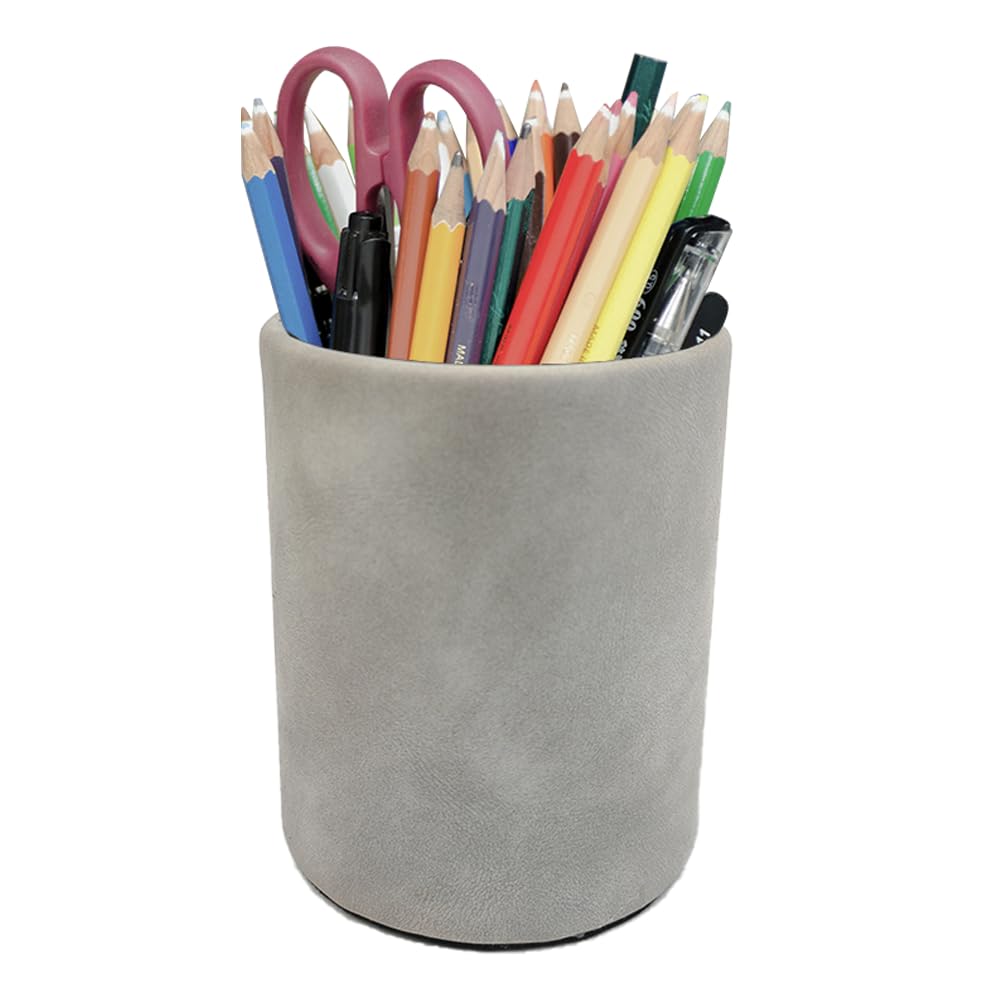 Leather Pen Holder, Brown Pencil Holder, Desktop Elegant Pen Holder for Desk, Stationery Organizer for School Office Home Dorm (3.3" x 3.3" x 4", Brown)
