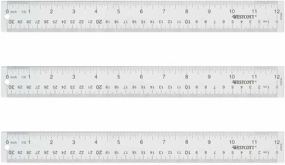 Westcott Acrylic Clear Rulers Set, Easy-to-Read Markings, Scratch-Resistant Design, Raised Beveled Edges, for Crafting, Office, Classroom, Back to School, School Supplies, 12-Inch, 3 Pack