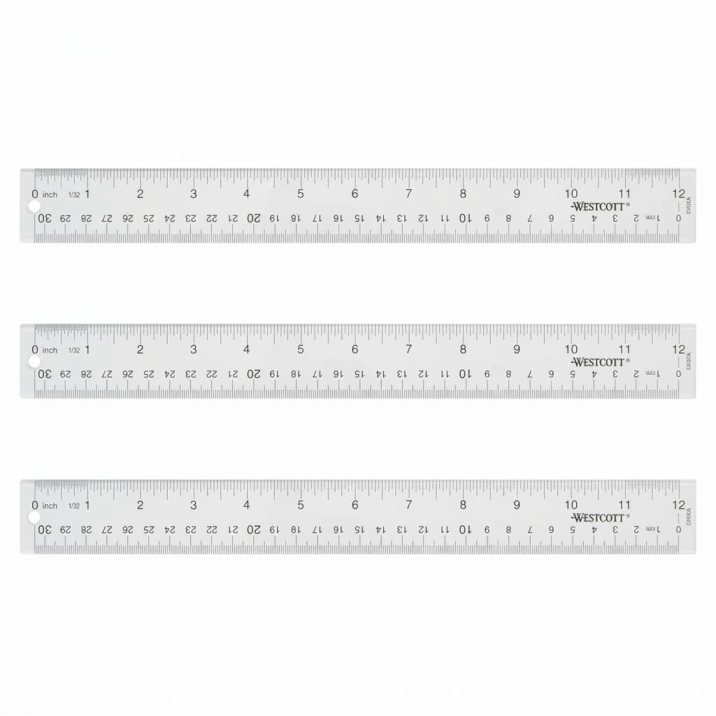 Westcott Acrylic Clear Rulers Set, Easy-to-Read Markings, Scratch-Resistant Design, Raised Beveled Edges, for Crafting, Office, Classroom, Back to School, School Supplies, 12-Inch, 3 Pack