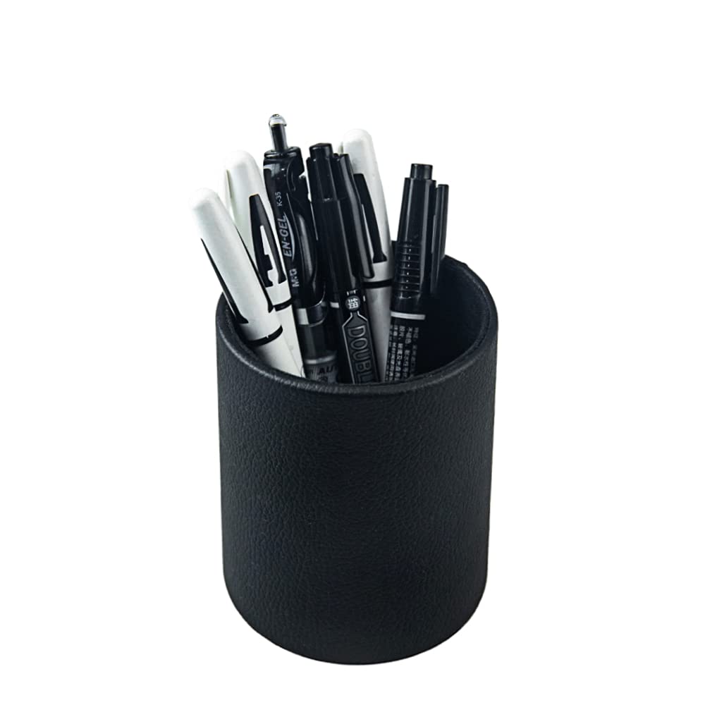 Leather Pen Holder, Brown Pencil Holder, Desktop Elegant Pen Holder for Desk, Stationery Organizer for School Office Home Dorm (3.3" x 3.3" x 4", Brown)