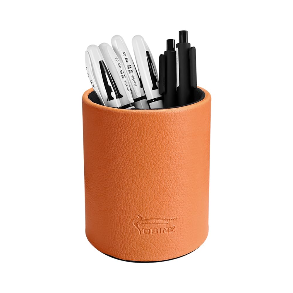 Leather Pen Holder, Brown Pencil Holder, Desktop Elegant Pen Holder for Desk, Stationery Organizer for School Office Home Dorm (3.3" x 3.3" x 4", Brown)