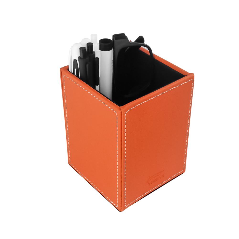 Leather Pen Holder, Brown Pencil Holder, Desktop Elegant Pen Holder for Desk, Stationery Organizer for School Office Home Dorm (3.3" x 3.3" x 4", Brown)