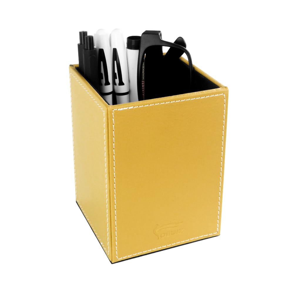 Leather Pen Holder, Brown Pencil Holder, Desktop Elegant Pen Holder for Desk, Stationery Organizer for School Office Home Dorm (3.3" x 3.3" x 4", Brown)