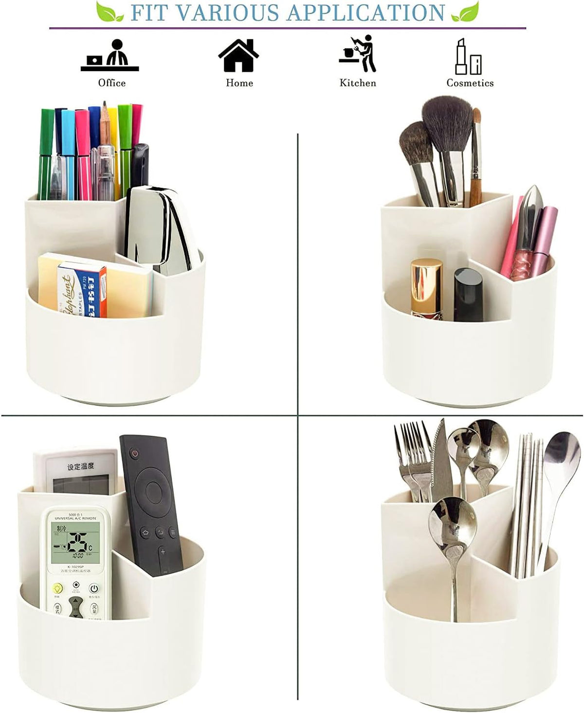Siveit Desk Pencil Pen Holder, Desk Organizers 3 Slots 360-Degree Rotating Pen Holder for Desktop Storage Stationery Supplies Organizer, Home, Office, School, Kids, White