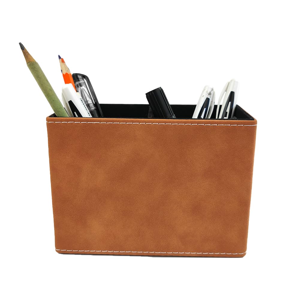Leather Pen Holder, Brown Pencil Holder, Desktop Elegant Pen Holder for Desk, Stationery Organizer for School Office Home Dorm (3.3" x 3.3" x 4", Brown)