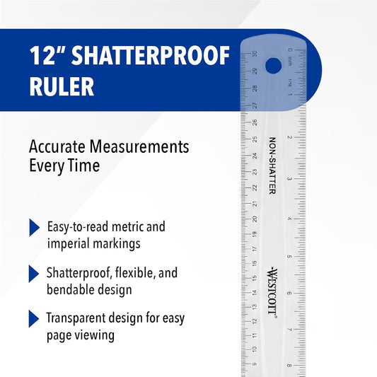 Westcott Shatterproof Ruler, Design with Easy-to-Read Markings, Back-to-Classroom, 12-Inch