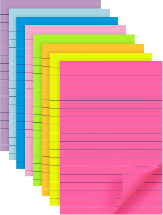 (8 Pads) Lined Sticky Notes 4x6 in, 8 Bright Colors, Self-Stick Note Pads