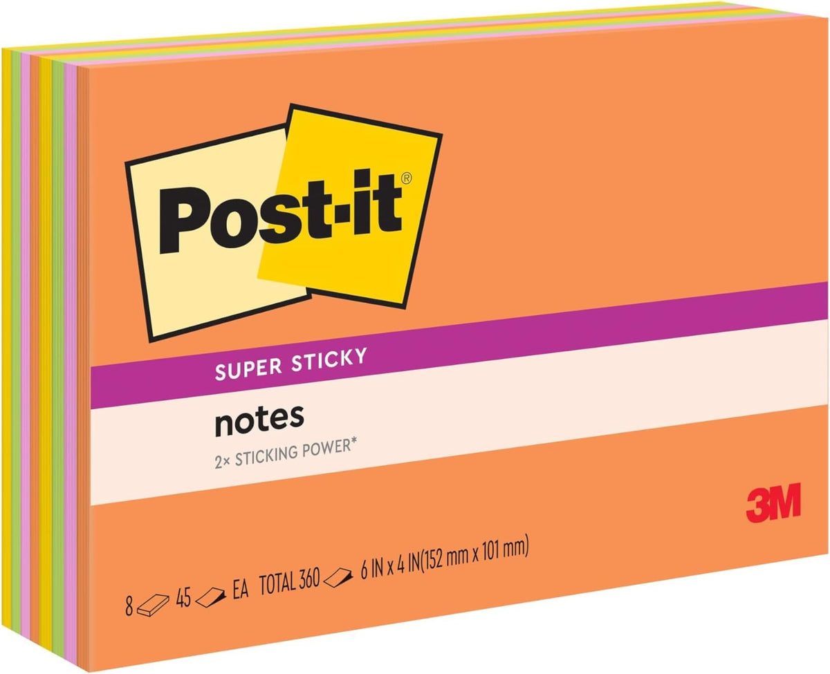 Post-it Super Sticky Notes, 6 x 4 in, Neon Fizz, 8 Pads, 45 Sheets/Pad
