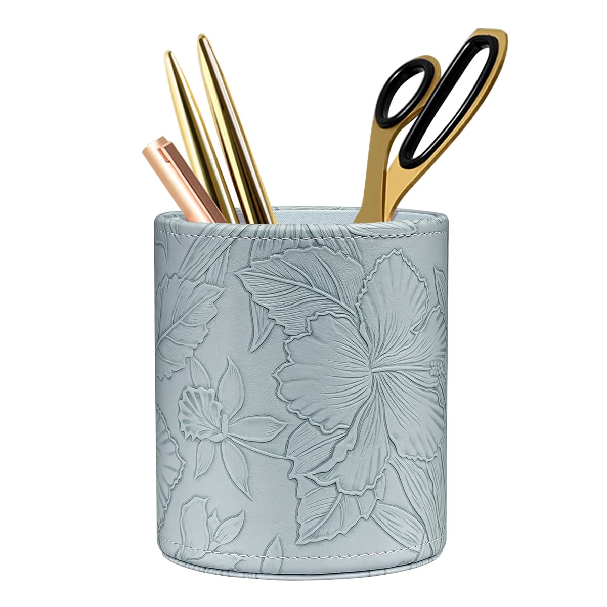 Round Leather Pen Holder for Desk, Desktop Organizer, (Carved Green)