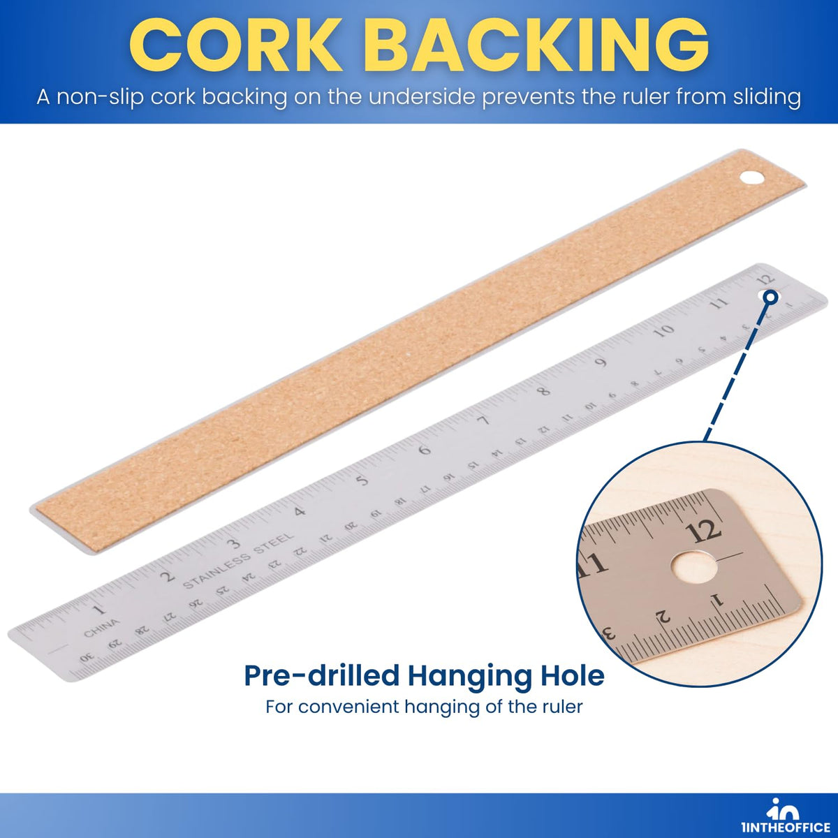1InTheOffice Metal Ruler 12 Inch, Stainless Steel 12 Inch Ruler with Cork Back and Hanging Hole - 1/16" Standard Scale 12 inch - 3 Pack