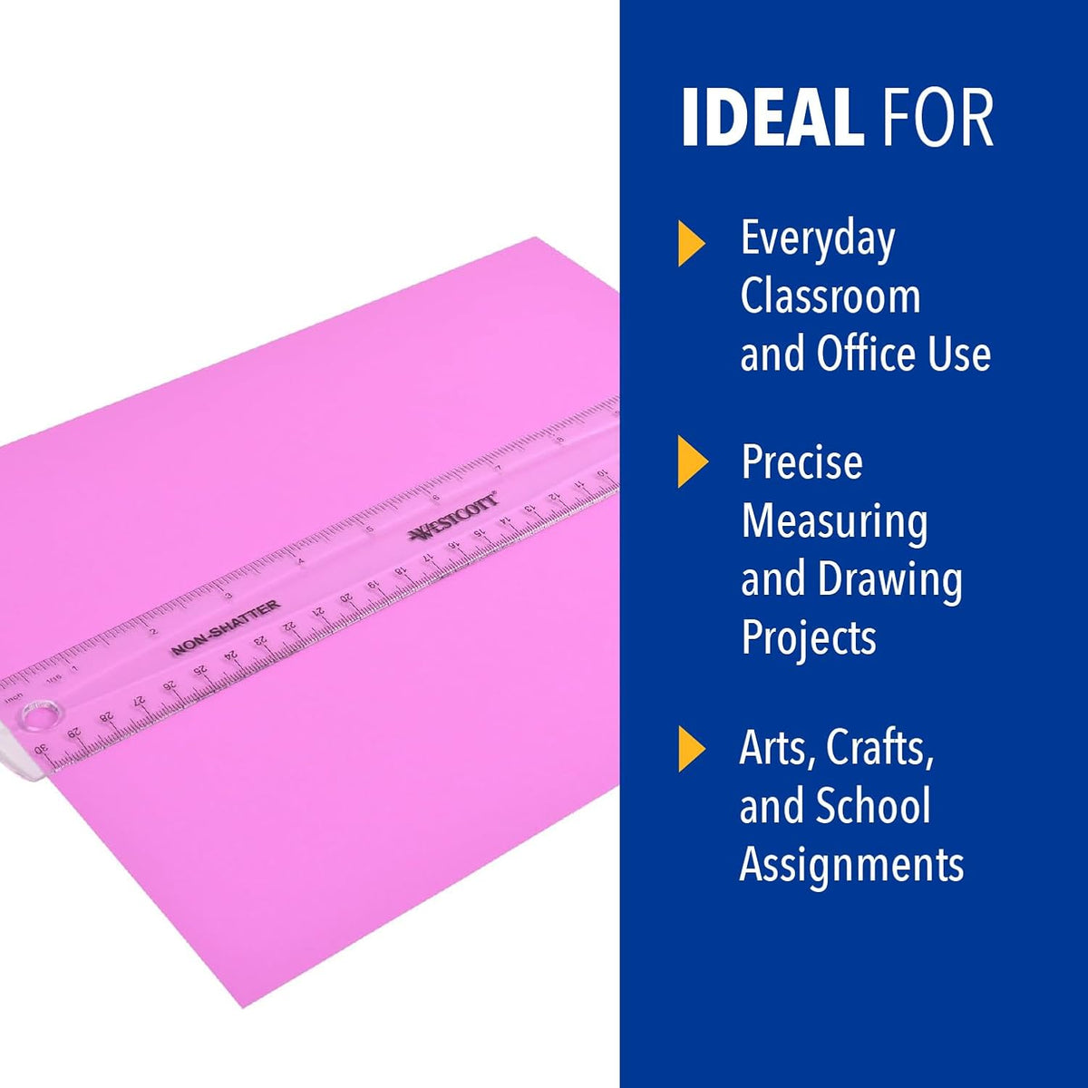 Westcott Shatterproof Ruler, Design with Easy-to-Read Markings, Back-to-Classroom, 12-Inch
