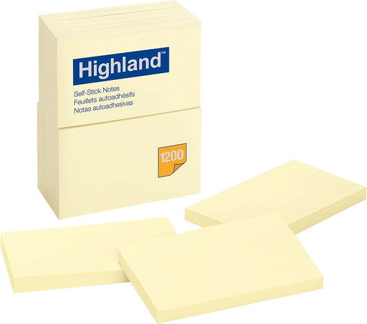 Highland Self-Stick Notes, 3" x 5", Yellow, 100 Sheets/Pad, 12 Pads/Pack
