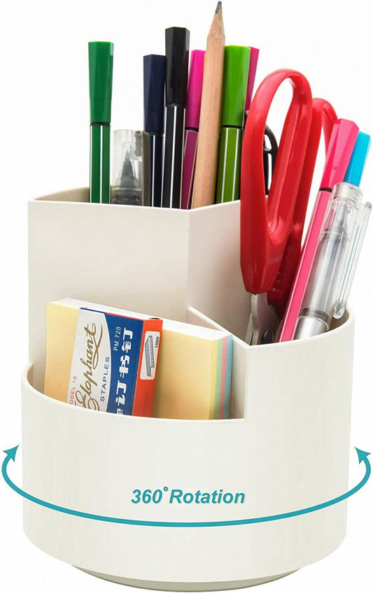 Siveit Desk Pencil Pen Holder, Desk Organizers 3 Slots 360-Degree Rotating Pen Holder for Desktop Storage Stationery Supplies Organizer, Home, Office, School, Kids, White