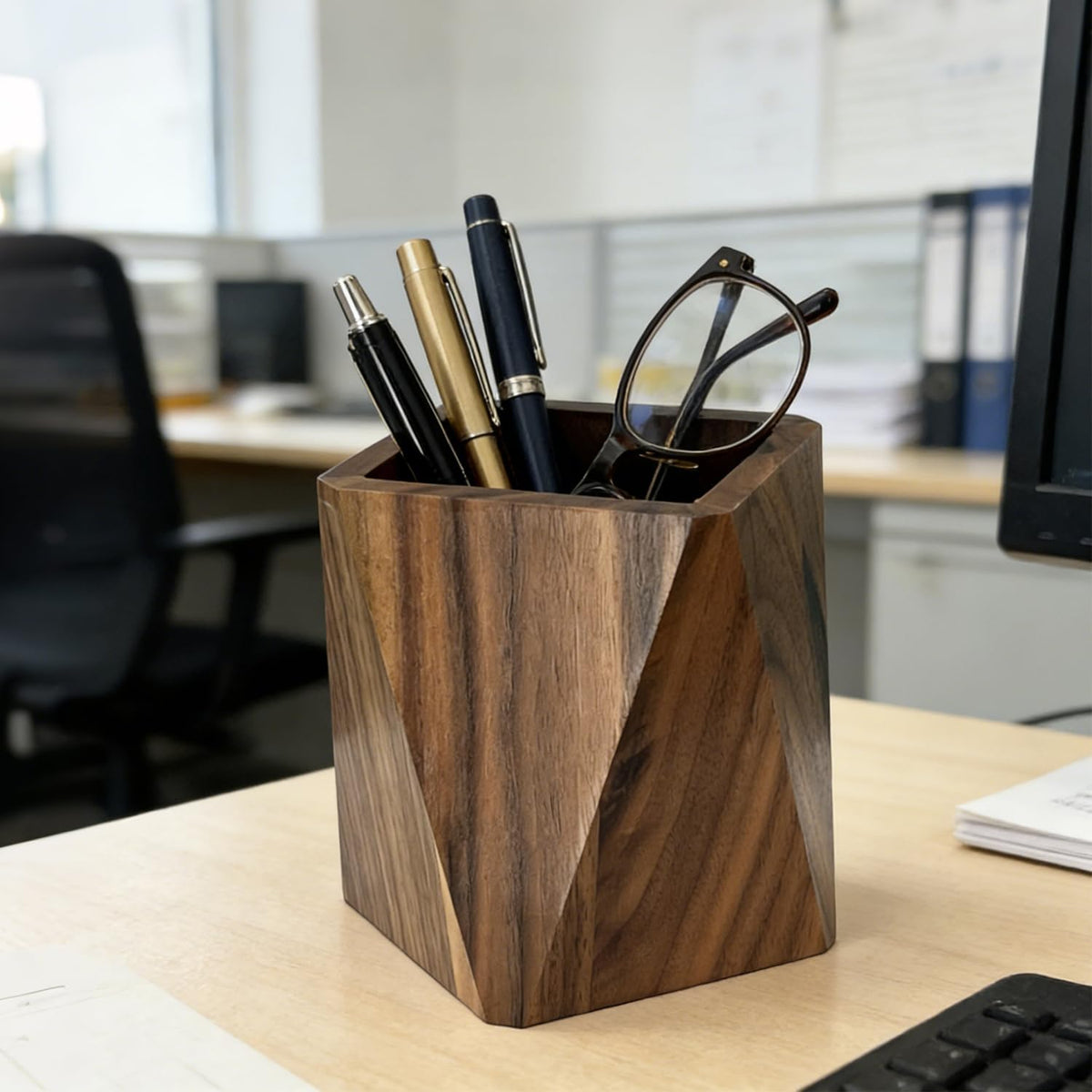 Black Walnut Pen Holder for Desk - Prismatic Shape, Multi-Use Office