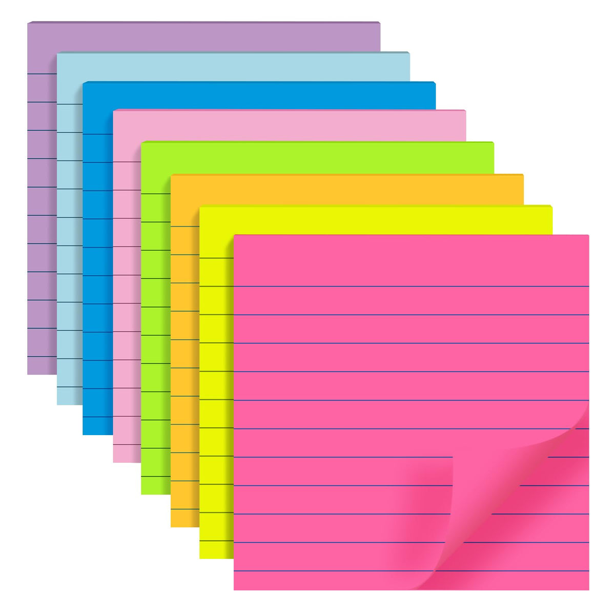 (8 Pads) Lined Sticky Notes 4x6 in, 8 Bright Colors, Self-Stick Note Pads