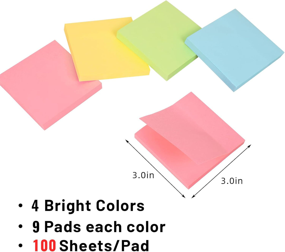 Sticky Notes 3x3 in, 36 Pads, 3600 Sheets, 100 Sheets/Pad, 4 Bright Color