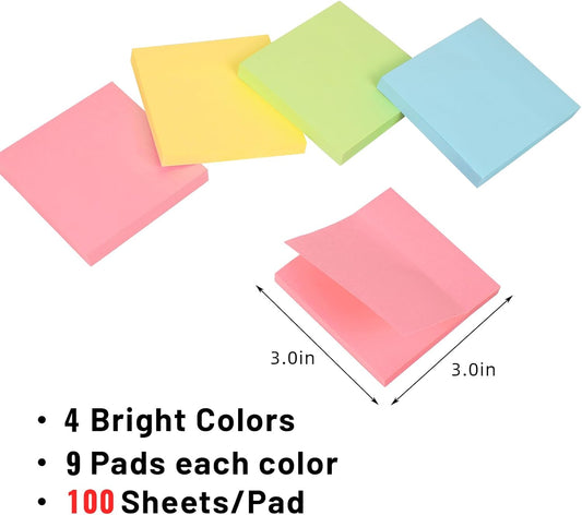 Sticky Notes 3x3 in, 36 Pads, 3600 Sheets, 100 Sheets/Pad, 4 Bright Color