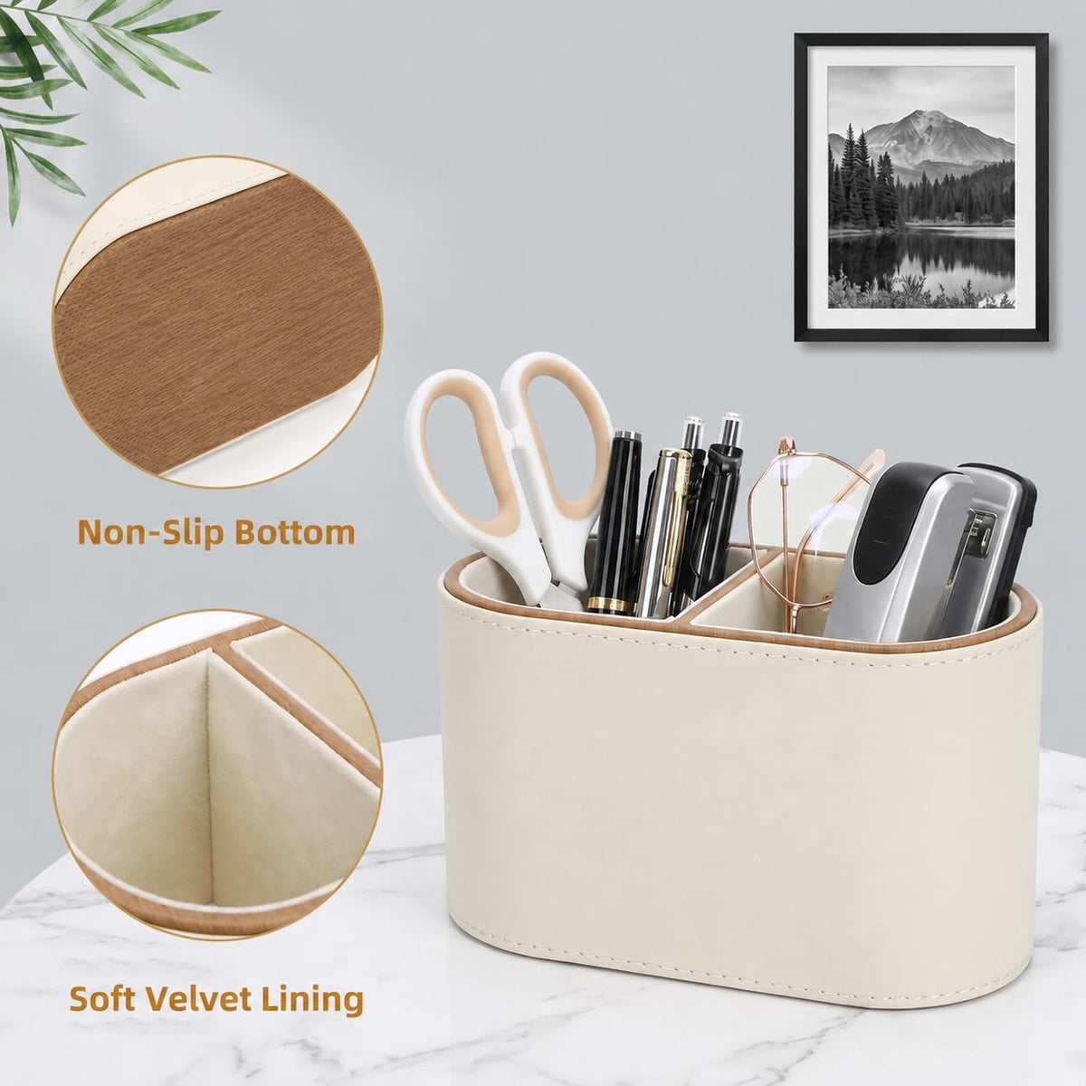 PU Leather Pen Holder, Desk Organizer Caddy with 2 Compartments