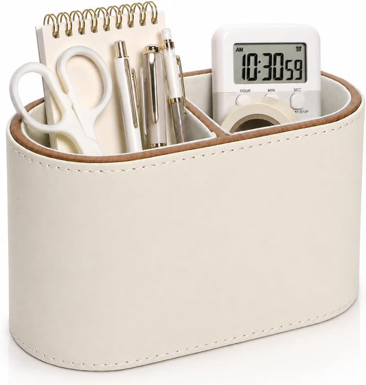 PU Leather Pen Holder, Desk Organizer Caddy with 2 Compartments
