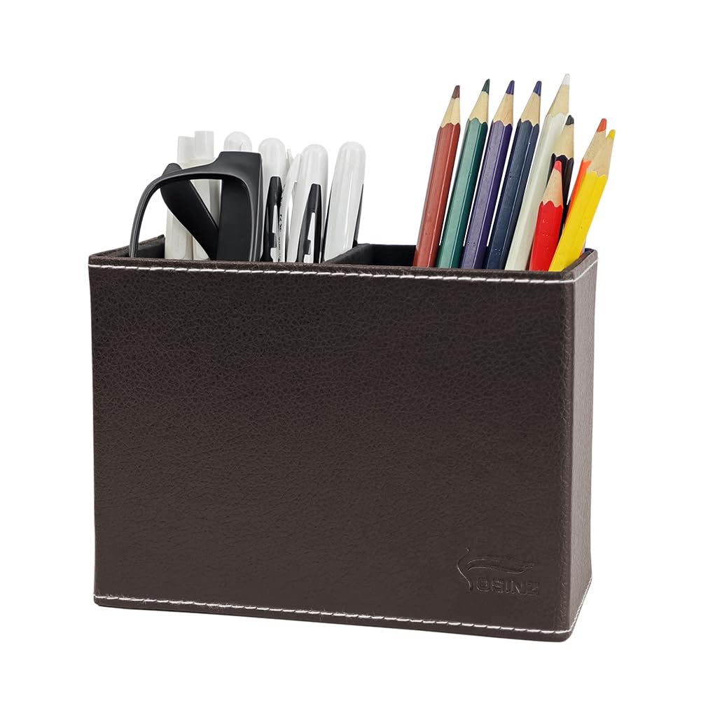 Leather Pen Holder, Brown Pencil Holder, Desktop Elegant Pen Holder for Desk, Stationery Organizer for School Office Home Dorm (3.3" x 3.3" x 4", Brown)
