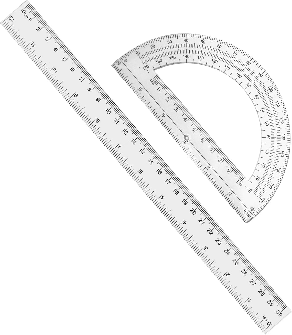 2 Packs 12 Inch Plastic Ruler and 6 Inch Plastic Protractor Set Clear Math Geometry Set Classroom Set Angle Detector School Supplies Classroom Ruler Home Office Drawings (Transparent)