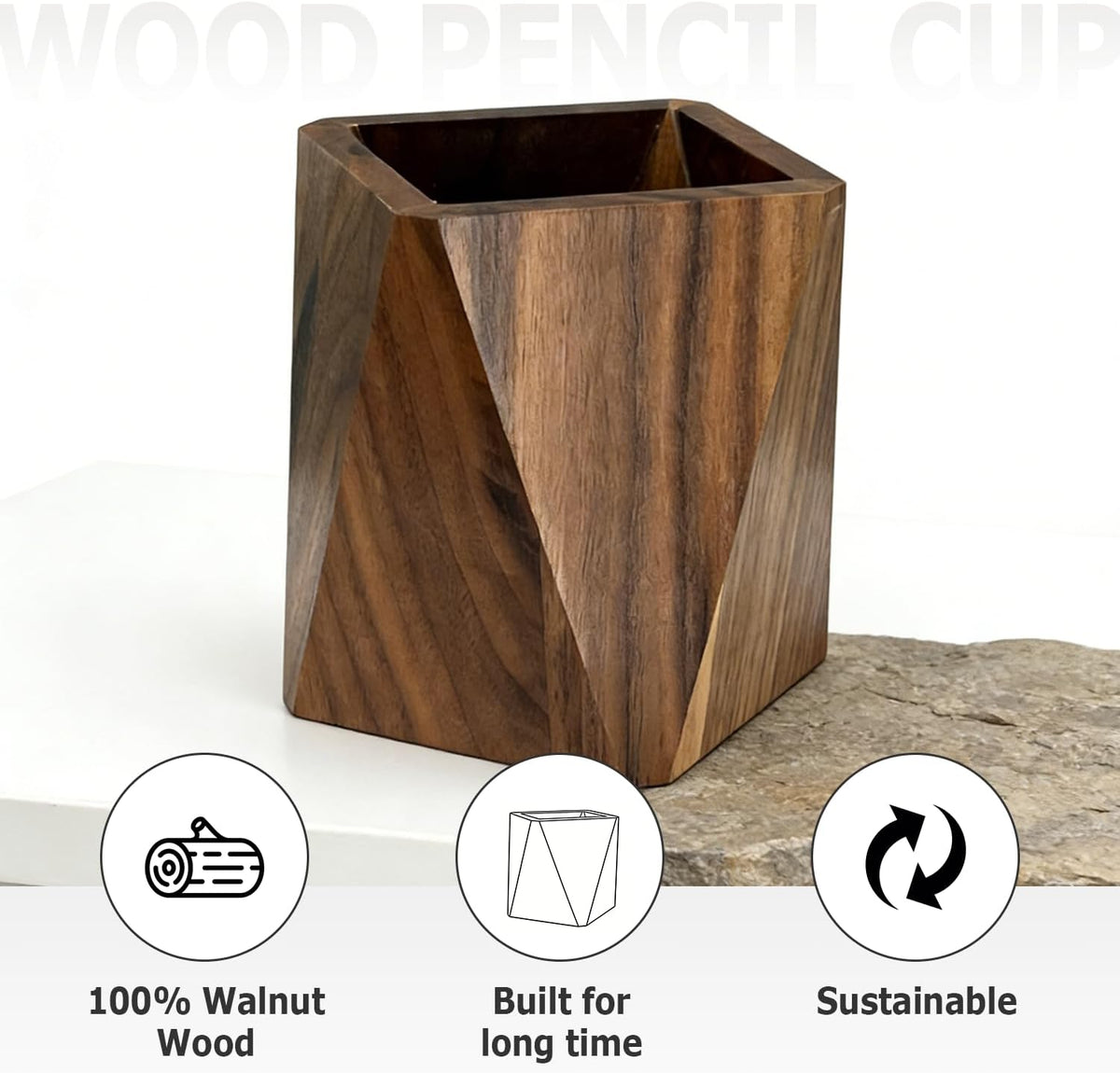 Black Walnut Pen Holder for Desk - Prismatic Shape, Multi-Use Office