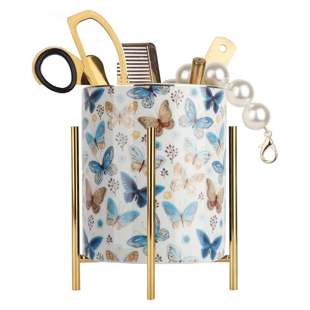 Gold pencil cup Sturdy metal frame with white ceramic pen holder For desks and kitchen appliance holders