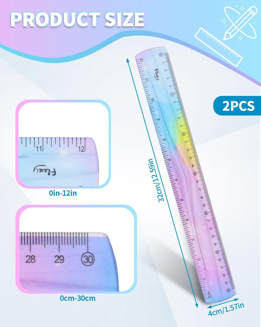 2 Pack Flexible Ruler Set, 12 Inch Bendable Rulers for Kids, Soft Plastic Rulers with Dual-Sided cm/inch Scale, Gradient Color Flex Ruler for School, Home, Office
