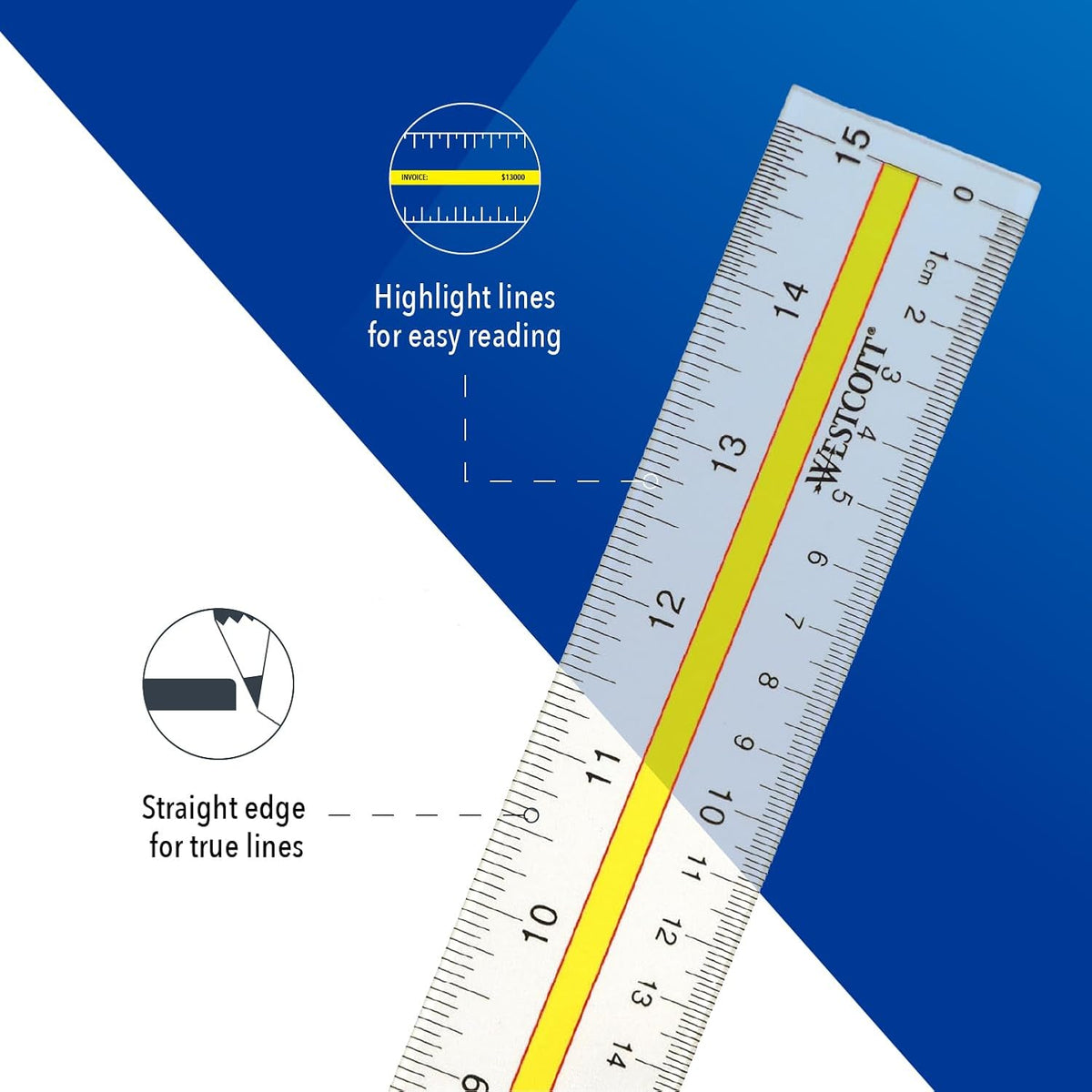 Westcott Acrylic Data Highlight Reading Ruler With Tinted Guide, 15" Clear