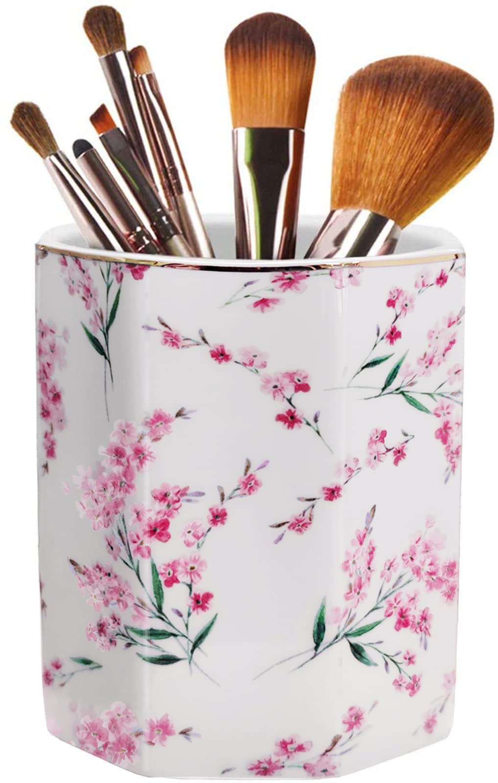 Pen Holder, Makeup Brush Holder Ceramic Shiny Gold Terrazzo Marble Stone Pattern Pencil Cup for Girls Kids Women Durable Stand Desk Organizer Storage Gift for Office, Classroom, Home Pink