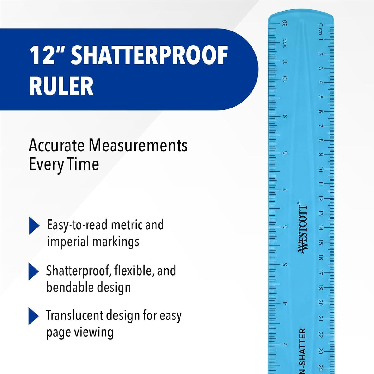 Westcott Shatterproof Ruler, 12-Inch, Blue, 16010