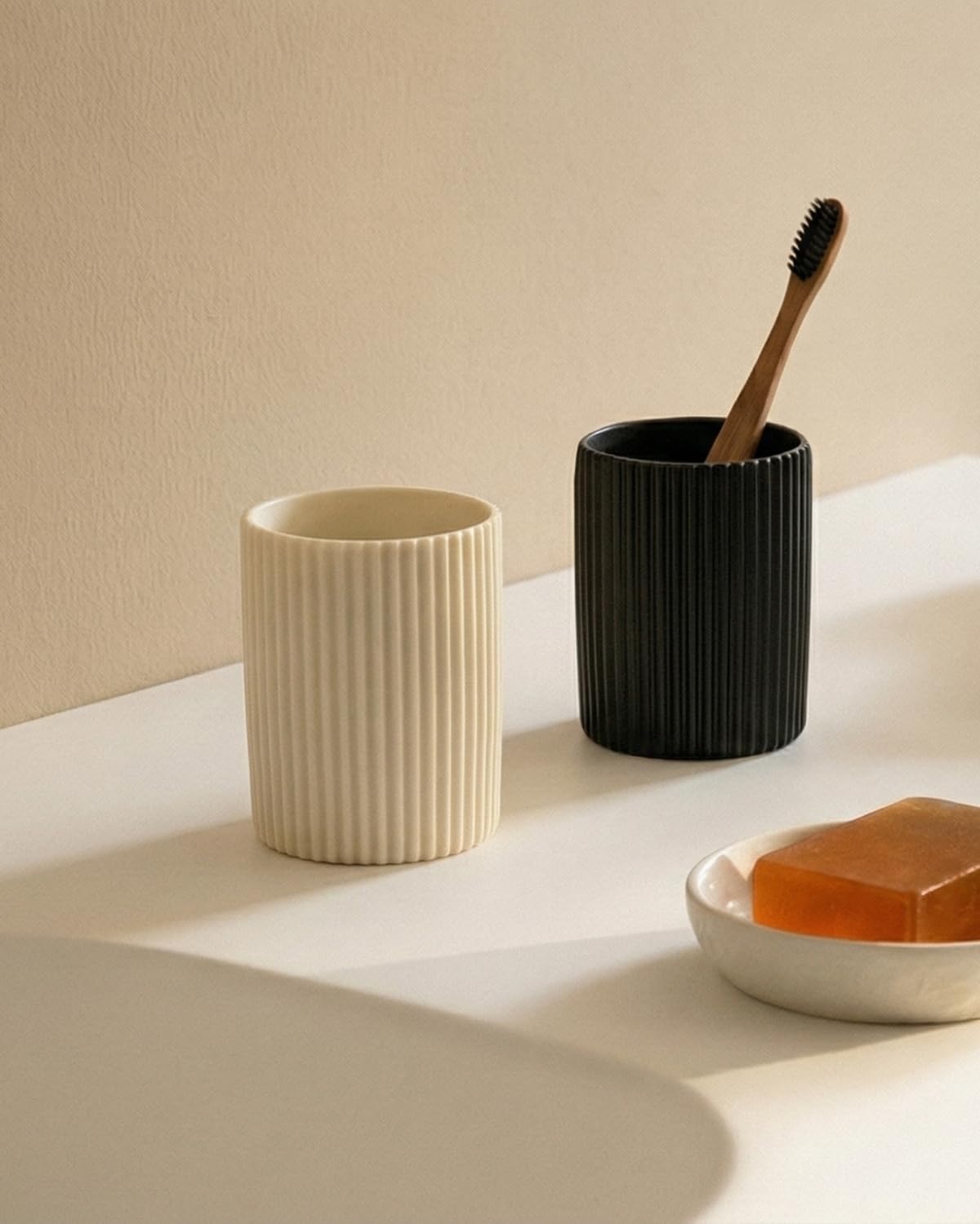 Ceramic Pen Holder for Desk, Ribbed Pencil Holder, Makeup Brush Organizer