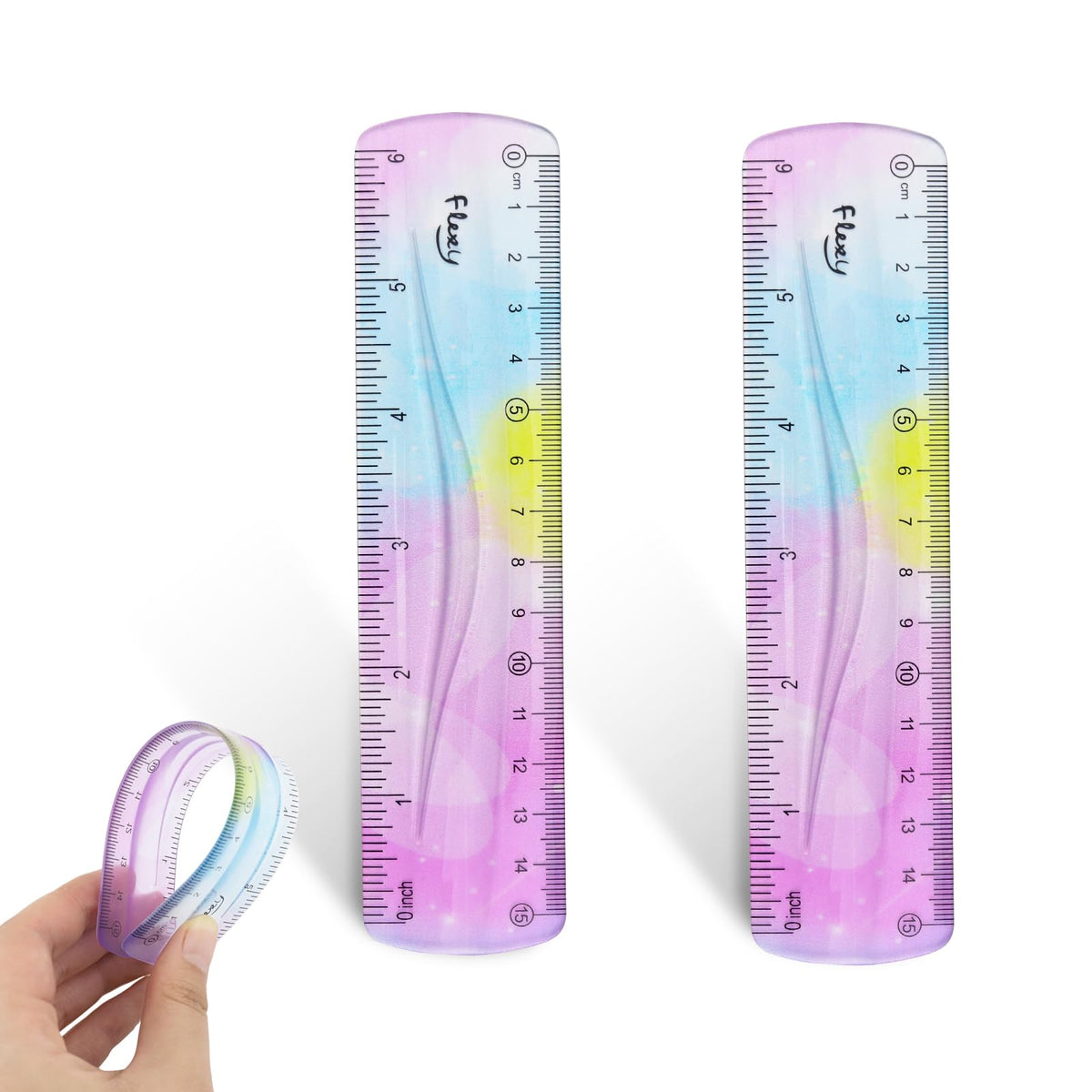2 Pack Flexible Ruler Set, 12 Inch Bendable Rulers for Kids, Soft Plastic Rulers with Dual-Sided cm/inch Scale, Gradient Color Flex Ruler for School, Home, Office