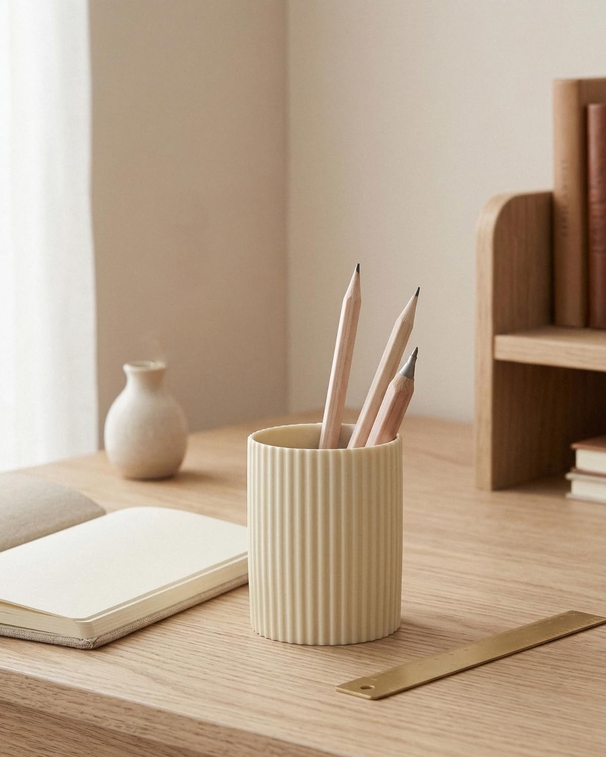 Ceramic Pen Holder for Desk, Ribbed Pencil Holder, Makeup Brush Organizer