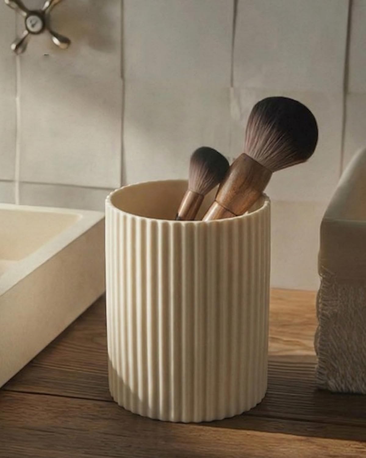 Ceramic Pen Holder for Desk, Ribbed Pencil Holder, Makeup Brush Organizer