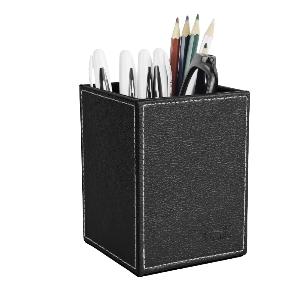 Leather Pen Holder, Brown Pencil Holder, Desktop Elegant Pen Holder for Desk, Stationery Organizer for School Office Home Dorm (3.3" x 3.3" x 4", Brown)