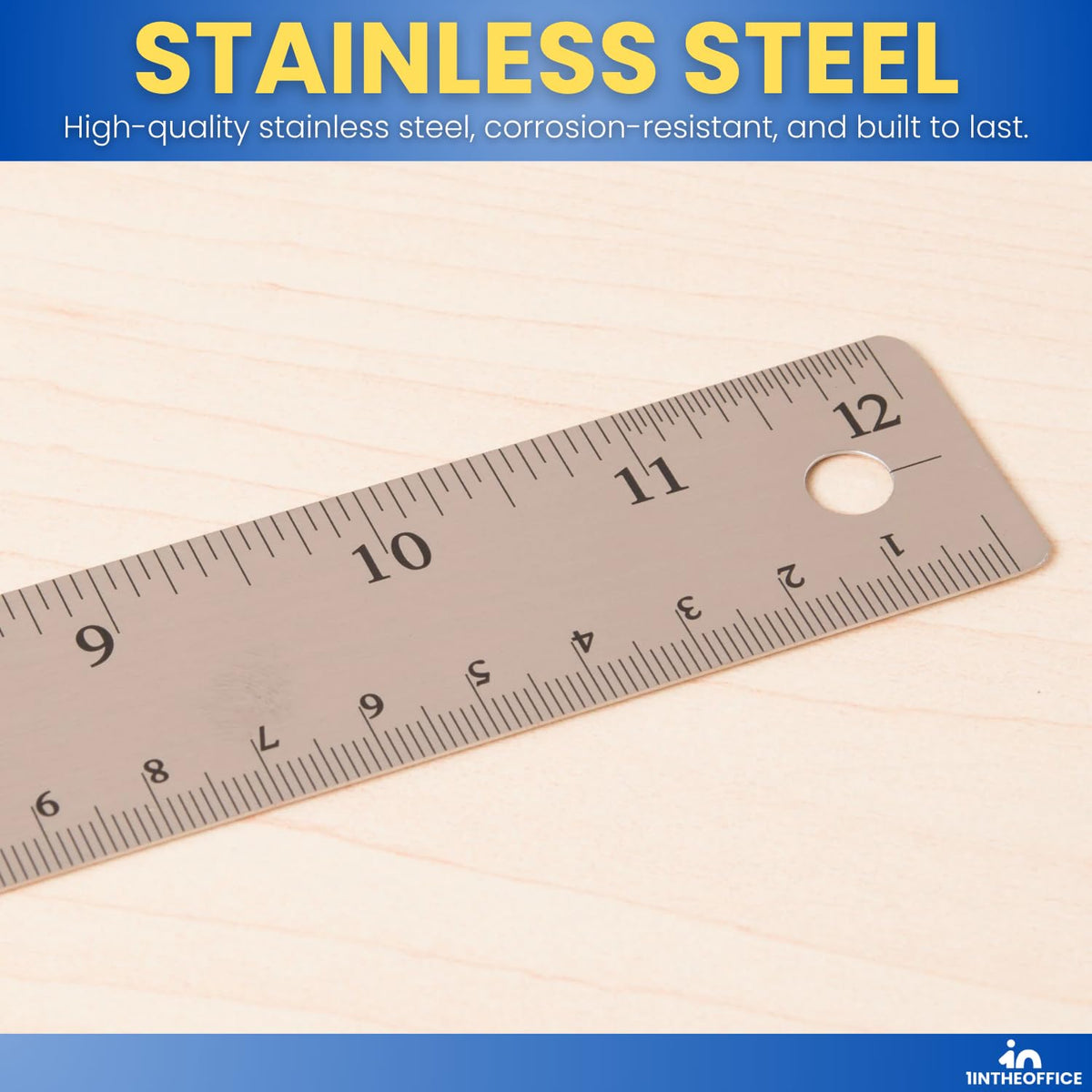 1InTheOffice Metal Ruler 12 Inch, Stainless Steel 12 Inch Ruler with Cork Back and Hanging Hole - 1/16" Standard Scale 12 inch - 3 Pack