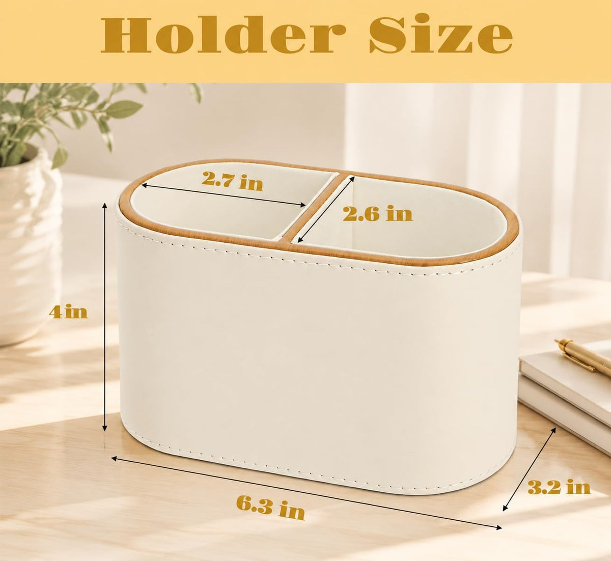 PU Leather Pen Holder, Desk Organizer Caddy with 2 Compartments