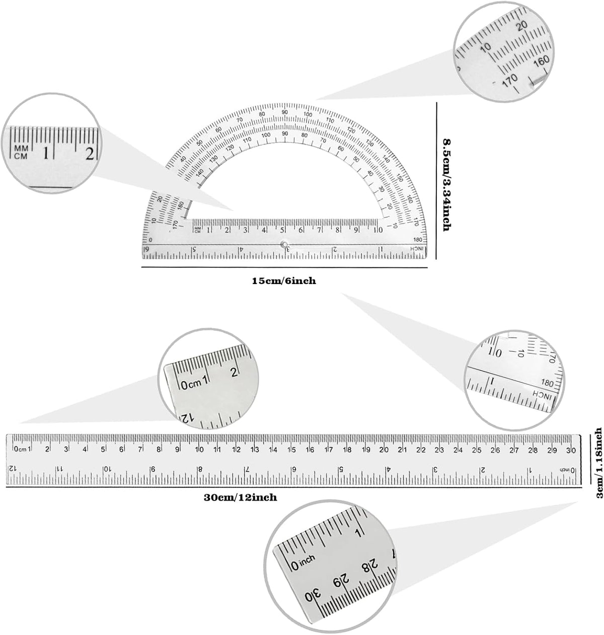 2 Packs 12 Inch Plastic Ruler and 6 Inch Plastic Protractor Set Clear Math Geometry Set Classroom Set Angle Detector School Supplies Classroom Ruler Home Office Drawings (Transparent)
