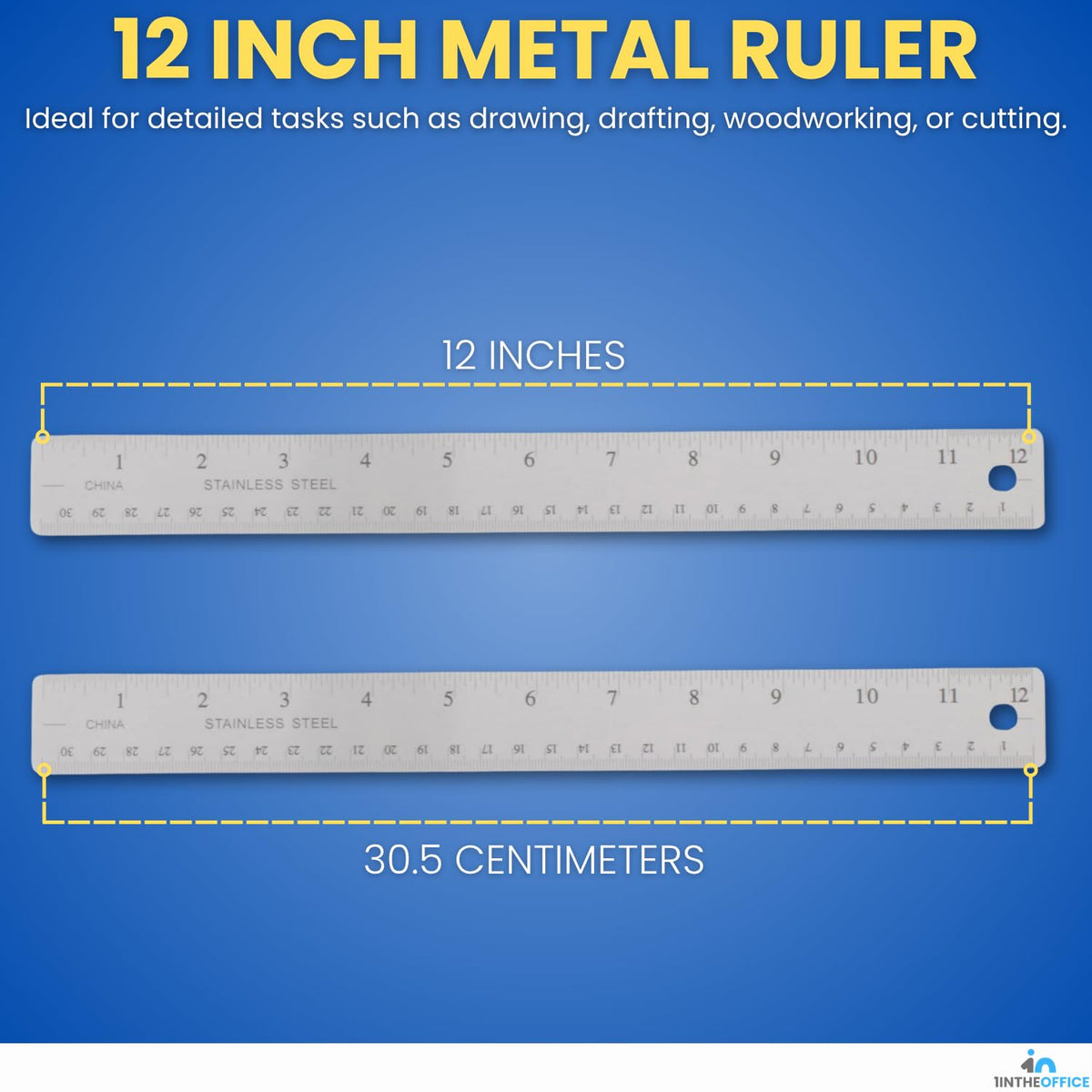 1InTheOffice Metal Ruler 12 Inch, Stainless Steel 12 Inch Ruler with Cork Back and Hanging Hole - 1/16" Standard Scale 12 inch - 3 Pack